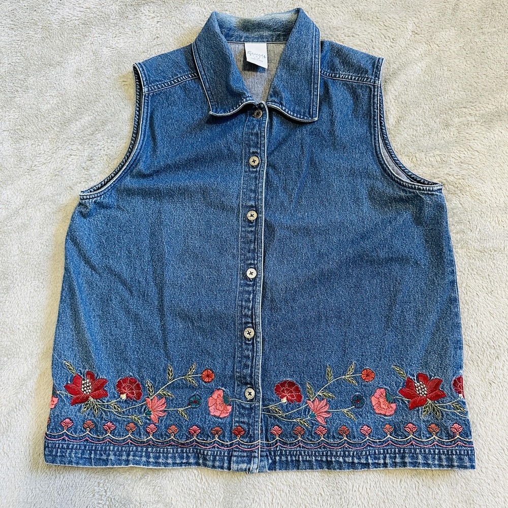 Vintage Cascade Blues Denim Vest Women L Floral Embroidery Button Front Boho 90s